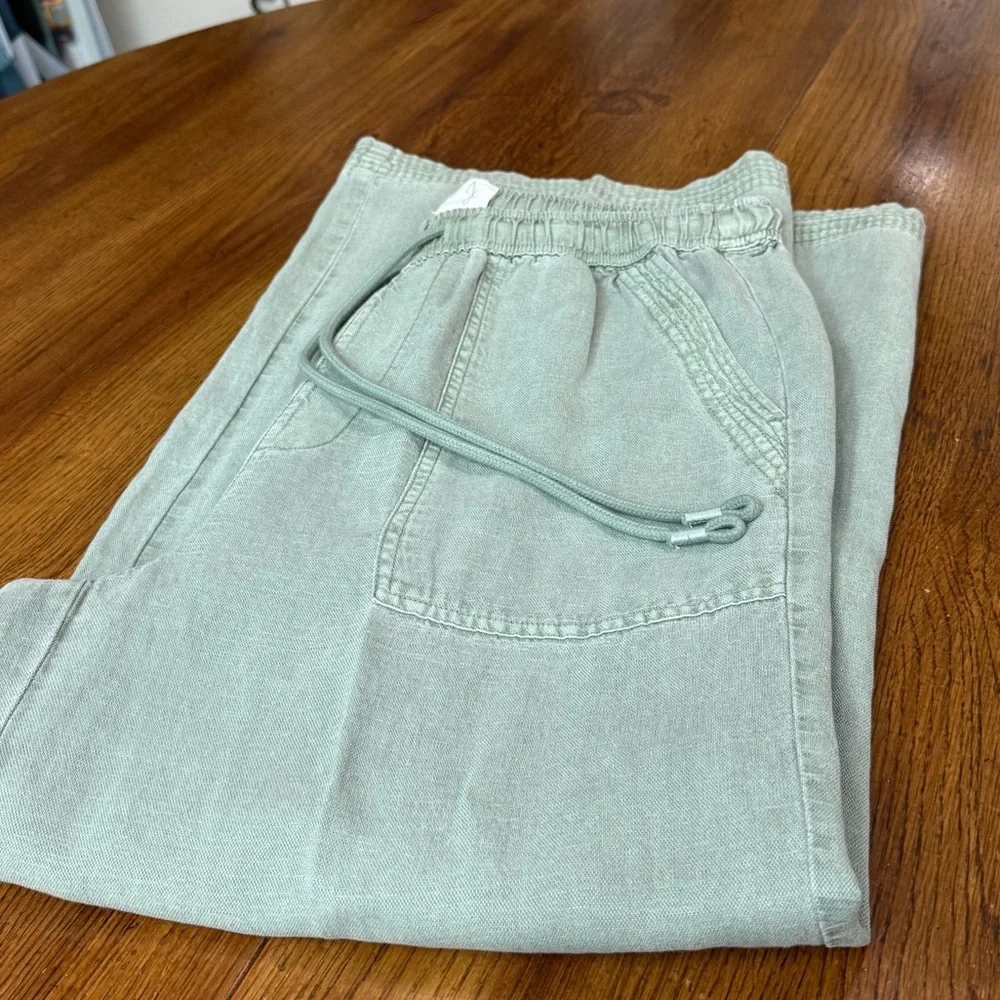 Joie Sage Green Linen Blend Wide Leg Crop Drastring Pants Medium Beach Casual - Picture 12 of 12